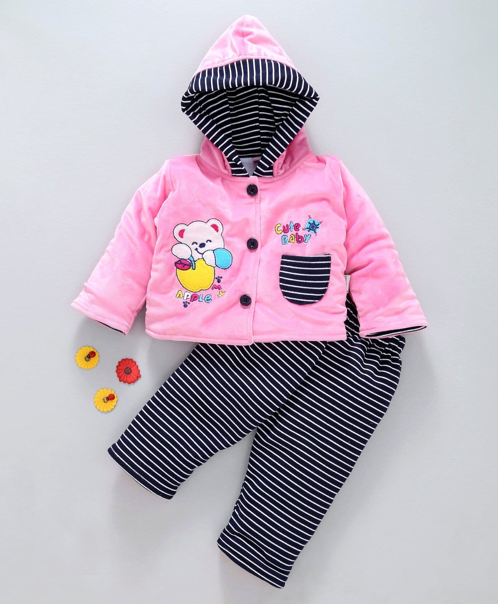 U R Cute Bear Patch Full Sleeves Hooded Jacket & Striped Bottom - Pink