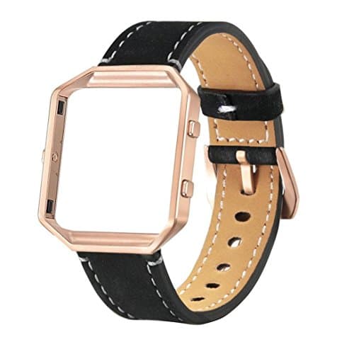 Amoyl for Fitbit Blaze Bands Leather with Frame Large, PU Leather Replacement Band with Metal Frame for Fitbit Blaze Fitness Women Men (Black Band Leather with Gold Frame)