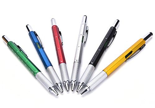 6 in 1 Black Multi Tool Outdoor Kit with Ballpoint Pen, Touchscreen Stylus, Ruler, Spirit Level, Flat &amp; Phillips Screwdriver, Pack of 6 - ZAMAC