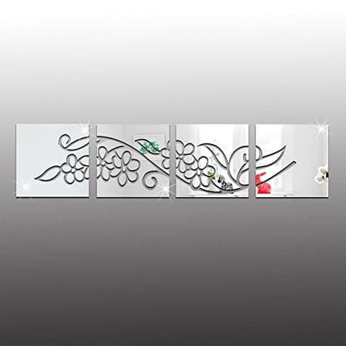 MAX&amp;MT 1Set （4 pieces）3D Flower stitching Acrylic mirror wall stickers，28*28cm , silver