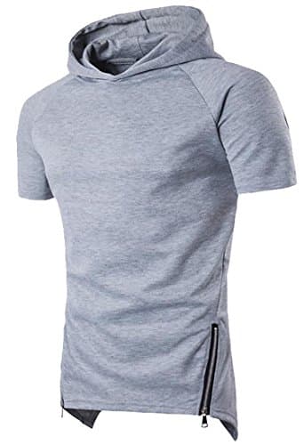 H&amp;E Mens Short Sleeve Side Zipper Solid Outwear Pullover Hoodie Light Gray L