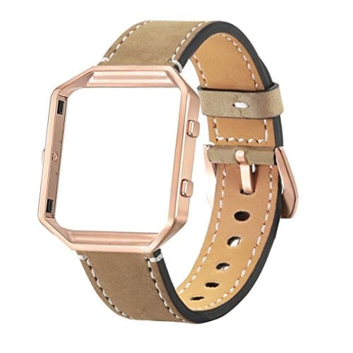 Amoyl for Fitbit Blaze Bands Leather with Frame Large, PU Leather Replacement Band with Metal Frame for Fitbit Blaze Fitness Women Men (Khaki Band Leather with Gold Frame)