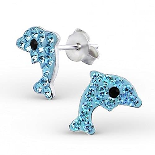 Sterling Silver Sparkling Crystal Blue Dolphin Stud Earrings