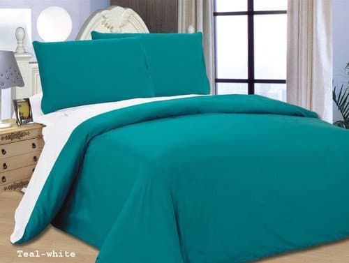 MICROFIBRE REVERSIBLE TEAL/WHITE 4PCs COMPLETE BEDDING SET INCLUSIVE DUVET COVER FITTED SHEET AND PAIR OF PILLOWCASES IN SIZE DOUBLE | ALL NEW