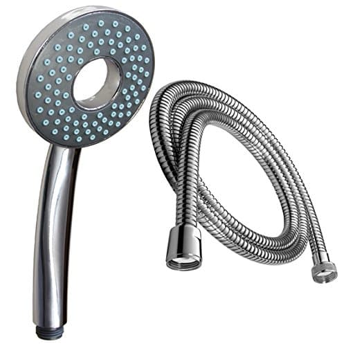Modern Shower Set with 1.5 m Hose/Hand Held Shower Head with 150 cm Shower Hose - Chrome Plated Shower Head/Round/Donut Silver//Shower Hose with Doppelg Ribbed System Extensible//Anti-Limescale Nozzles/Wreaths