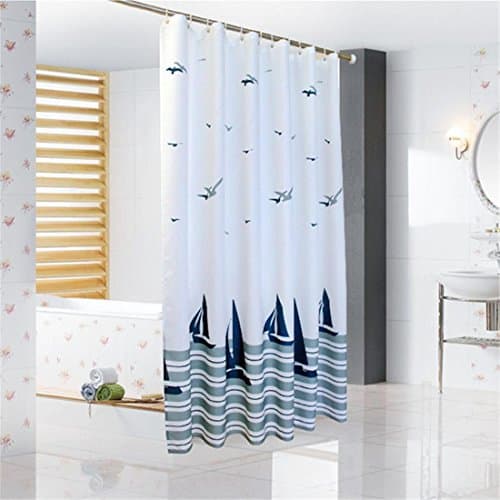 100% Polyester Shower Curtain White , Sea Sailing Petrel Pattern No Transparent Textile Washable Waterproof Bathroom Washroom With Enough Rings Hooks , 180*180cm