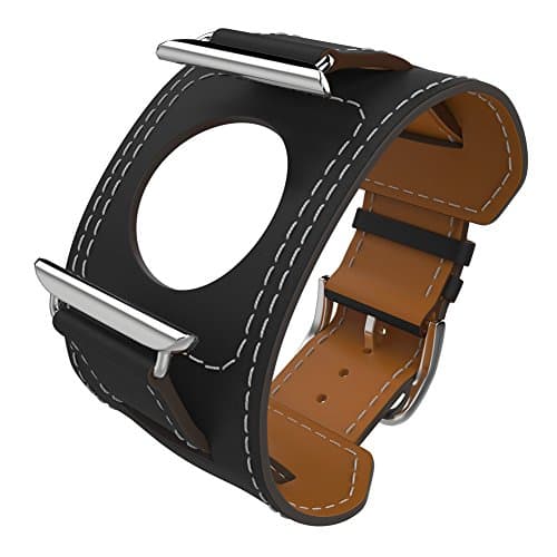 For Apple Watch Strap,CHEEDAY Cuff Band Genuine Leather Strap iWatch Band Bracelet Replacement Wristband with Stainless Steel Adapter Metal Clasp for Apple Watch 38mm Series 1 Series 2 Series 3 (Black 38mm)
