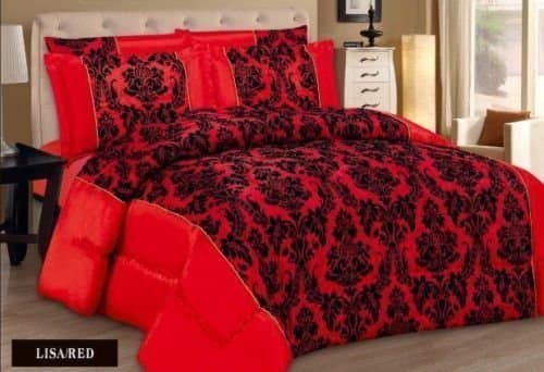 Luxury Red 3 pieces Lisa comforter bedspread floral pattern quilted flock damask With 2 Pillow shams Double, King & Super King sizes (DOUBLE, RED)