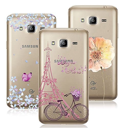 VertTek 3X Cases Samsung Galaxy J3 Case 2016/2015, Samsung J3 Case Silicone Soft TPU Case Gel Rubber Back Cover Crystal Transparent Lightweight Clear Cover Ultra Thin Extra Grip Anti Scratch Protective Case Flower Painting + Floral Butterfly + The Eiffel Tower