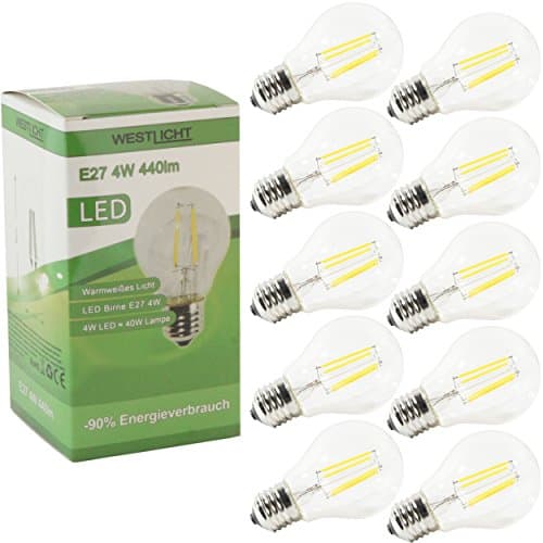 10x Westlicht E27 Filament LED light bulbs | Value Pack | AC 230V/4W 440 lumens 270° warm white