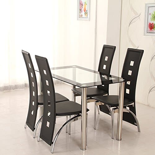 OSPI Clear with Black Trim Tempered Glass Dinner Table &amp; High Piano Back leather cover Chairs sets (1 Table with 4 Chair- stainless steel legs)