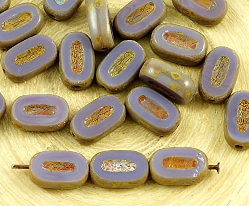 12pcs Opaque Violet Purple Travertine Dark Small Flat Oval Table Cut Carved Czech Glass Beads 10mm x 6mm