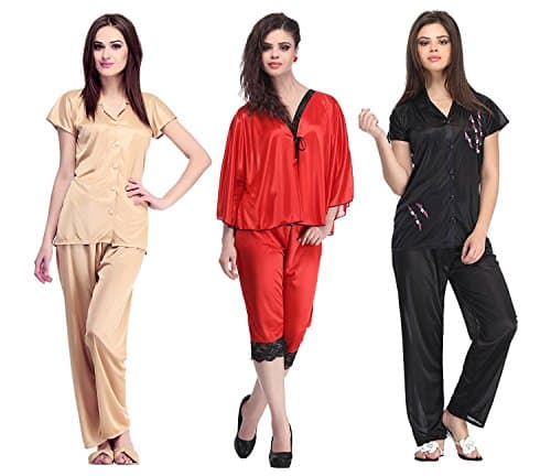 Miss Pixy Women's Solid Full Length Top, Pyjama &amp; Capri Set Of 3 Poly Satin Nightsuits Night Wear Dress