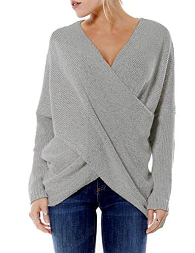Teamyy Women's Black Solid Wrap Front V Neck Drop Shoulder Knitted Jumper Sweater