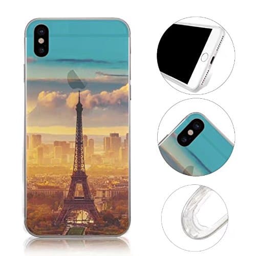 iPhone X Case, MingKun Ultra Thin Soft Gel TPU Silicone Landscape Case Cover for iPhone X Cover Crystal Clear Pattern Transparent Protective Back Skin - Eiffel Tower