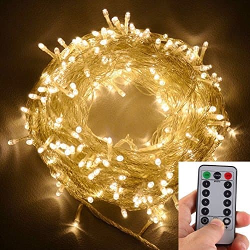 Quality 300 Warm White Waterproof LED Fairy String Lights with Wireless Battery Remote and Timer, Suitable for Outdoor &amp; Indoor Use (8 Light Modes, Dimmable, Clear/Green Cable) (Clear Cable)