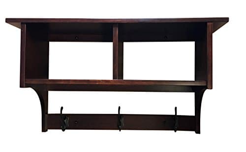 Wood Cubby Coat Rack Shelf Wall Mounted, Shaker, 3 Hook, Rustic Cherry Wood, Rich Cherry Stain