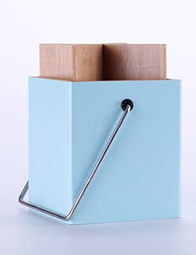 Light Blue Square Bamboo Kitchen Utensil Holder for Kitchen Tools Perfect Kitchen Organizer Box for Bamboo Flatware Silicone Spatulas Stainless Steel Cooking Utensils