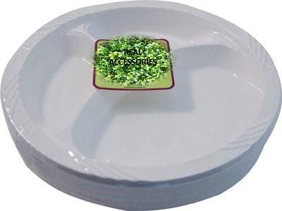 PACK OF 50 X 3 Compartments Section Round Plastic Plates Strong & Durable Reusable Disposable Dinner Plates 10.25 inch 26cm Large Dinner Plates by REAL ACCESSORIES® Perfect for Any Party