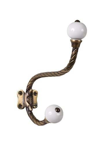 Brass Elegans BE-407AB Rope Design Double Robe or Coat Hook with Porcelain Accents, Antique Brass Finish
