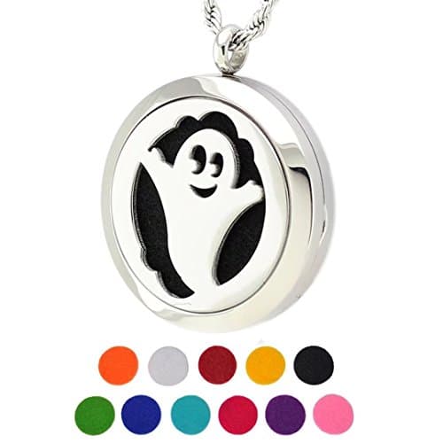 DIB Stainless Steel Aromatherapy Essential Oil Diffuser Halloween Ghost 30mm Pendant Necklace, 11 Refill Pads
