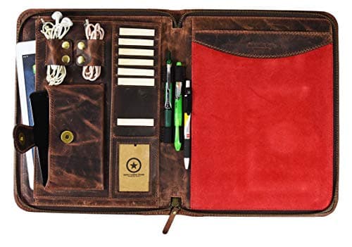 Leather Portfolio | RFID Protected Zipper Binder Planner 2018-2019 | Tablet Holder Dark Tan by Aaron Leather