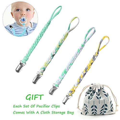 Pacifier Clips Set by MUKIN-Teething Ring Holders for Baby,Universal Flexible Holder Leash for Pacifiers, Teething Toy or Soothie.Baby Shower Gift Set.(Pack of 4)+Free Reusable Bag.