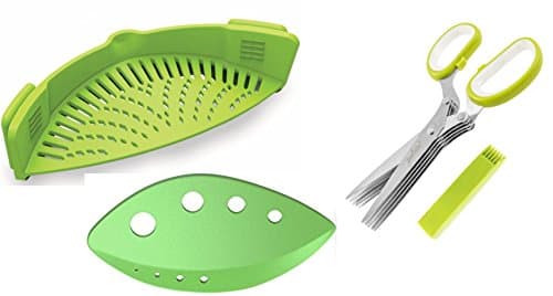 Clip on Strainer, Herb Stripper, & Herb Scissors with Holster Cleaner by Friendly Cooking Green Pots Pan Cookware Kitchen Tools Space Saver Colander
