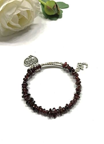 Natural Chipped Garnet Bracelet. Bangle Style. Memory Wire Easy Slip on. Ohm and Tree of Life Charms. Meditation Charms. Adjustable. Vintage Style. Chakra Flow.