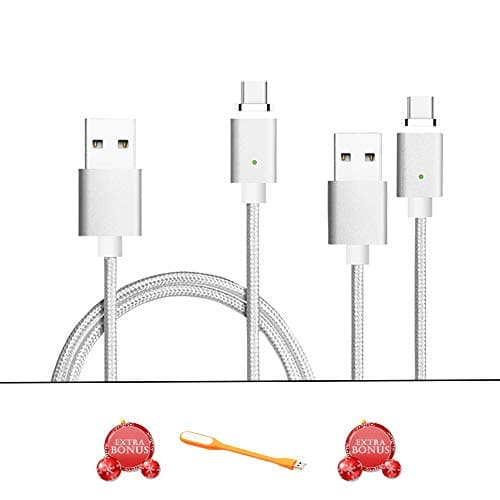 2 Pack CoolKo Newest Strongest Magnet 2.4 A, 5 Feet (1.5M) Silver Magnetic Braided Fastest Charging & Data Sync Cables for Type C Smartphones and Tablets with Special Bonus USB LED Light