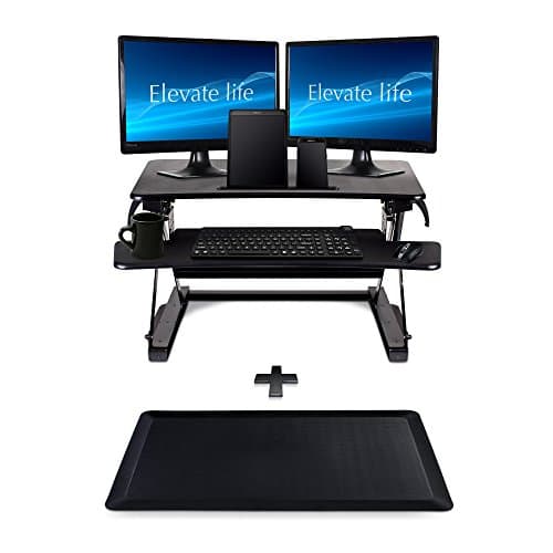 Standing Desk by Elevate Life, 35 Inch Surface for Dual Monitors, Tablet/Smart Phone Slot, Separate Keyboard and Mouse Tray, Easy Rising Sit Stand Desk, Solid Sturdy Design, INCLUDES ANTI-FATIGUE MAT