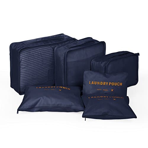 Yoonsic 6 Sets Packing Cubes for Travel/Trip - 3 Cubes + 3 Pouches + 4 Bonus Vacuum Bags - Organizers for Carry-on Luggage Clothing and Accessories (navy)