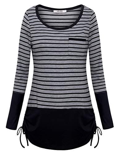 Vivilli Women's Long Sleeve Striped Tunic Side Drawstring Patchwork Shirts