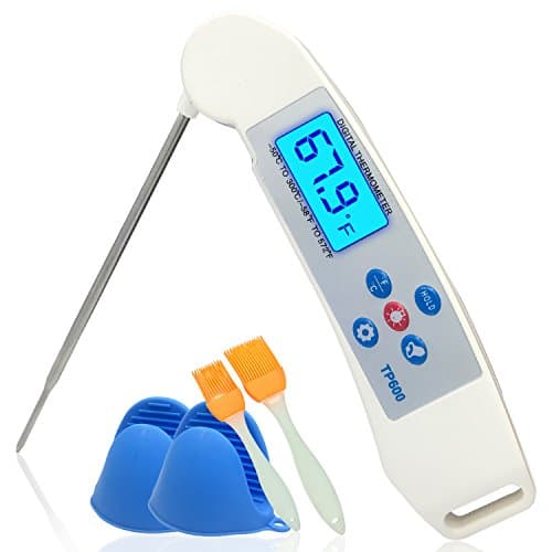 Food Thermometer with Backlight LCD Screen and Long Probe,Digital Instant Read Kitchen Thermograph for Meat Grill BBQ,Cooking,Candy with Silica gel Basting Brushes and Gloves
