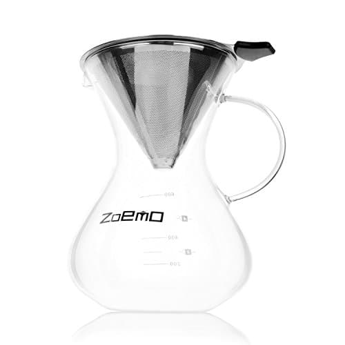 Pour Over Hand Drip Coffee Maker - Anti-Scratch Borosilicate Glass Carafe with Comfortable Handle - Stainless Steel Permanent Mesh Coffee Filter, 22.5oz/660ml, w/ Free Pour Coffee Recipe