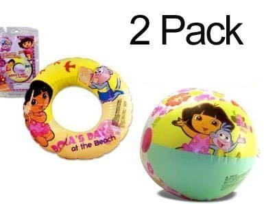 2-PACK Dora the Explorer Inflatable Swim Ring 20" (Dora's Day at the Beach) & 20" Beach Ball (Play Time Adventure) - Summer Toys