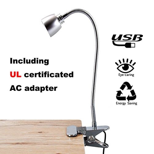 FOCUSAIRY Reading Light Lamp, Night Book Light, Energy-Efficient 3W LED Table Desk Lamp, 2 Brightness Levels Clip On for Desk Bed Headboard and Computers with USB Cable &amp; AC Adapter (Silver)