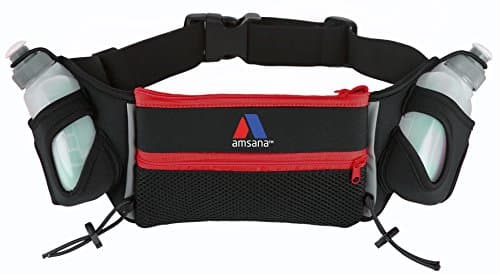 Amsana™ Runners Hydration Belt for Iphone 6 / 6 Plus &amp; Android Smartphones - Two 6oz. Water Bottles - Running Waist Pack Includes Toggles to Hold Your Race Number (Red)