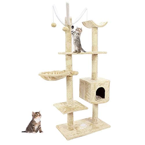 Blackpoolaluk Multi Cat Tree Stable Cat Scratch Posts Function Cat Climbing Tower Toys with Cat Home for Indoor/Outdoor Cats Activity (150cm（Yellow&Beige）)