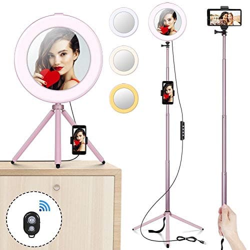 LED Ring light 8" with Mirror & Tripod Stand & Phone Holder for Youtube Makeup, MACTREM Ringlight Desktop Camera Light for Live Streaming Selfie 3 Light Mode & 11 Brightness Level