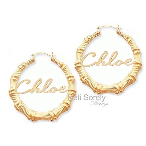 Large Bamboo Name Earrings in Gold or Silver.