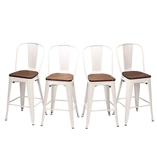 26" High Back Metal Counter Stool Height Barstools [Set of 4] for Indoor/Outdoor Bar Stools, White Wooden