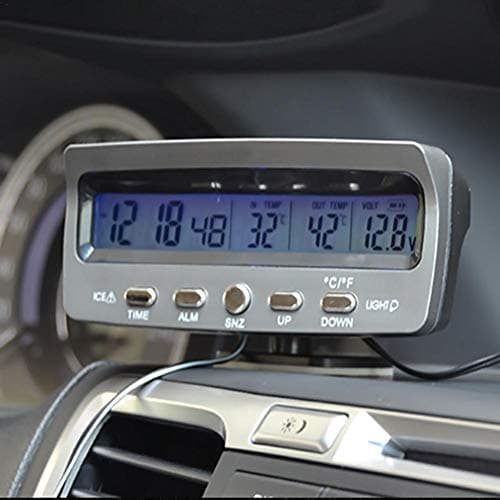Purplert 3-in-1 Multifunctional Car Digital Thermometer Voltmeter Clock Alarm Monitor Voltmeter ABS Material Clock with LCD Display LED Backlit
