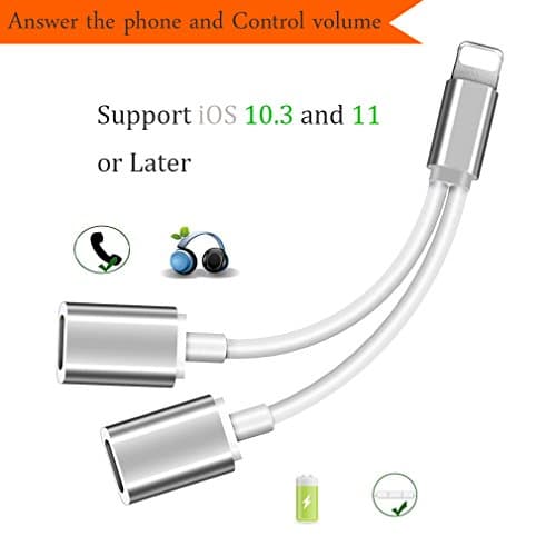 2 in 1 Lightning Jack Adapter Headphone&amp;Splitter for Apple iPhone X iPhone 8/8 Plus iPhone 7/7 Plus.Dual Lightning Earphone Audio+Charge Adaptor+Music Control+Call Phone.Support iOS11or Later.
