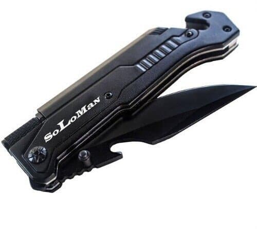 Soloman Multi-Purpose Folding Pocket Knife Fire Starter Belt Cutter LED Light Window Breaker Pocket Clip Perfect Survival Knife for Camping Backpacking Hunting, Emergency Preparation Black