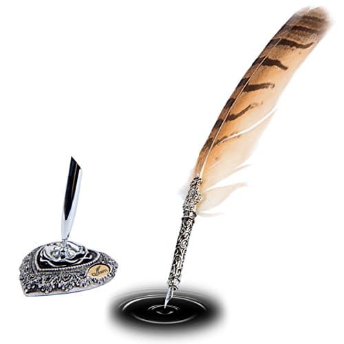 [2-Pack] Premium Feather Quill Pen &amp; Ink Set by Qulam w/ Fancy Holder, 5 Calligraphy Nibs &amp; Ink Bottle. Ideal Antique Desk Decor. Best Gift &amp; Fancy Dip Pen For All