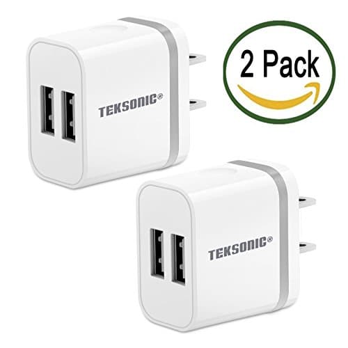 TekSonic 2 Pack 2.1 Amp Dual USB Wall Charger Portable Home Travel USB Adapter Charger Plug for iPhone 7 6 5, iPad, Samsung Galaxy, S7 Edge, Note 5, HTC, LG G5, Nexus, Nokia, Motorola (Silver)