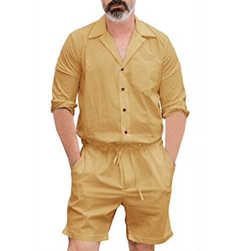 Mens Long Sleeve Cargo Romper Overalls, Button Down Tee Short Jumpsuit Workwear