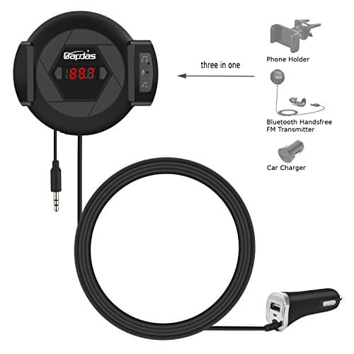 Bapdas 3 in 1 Car Bluetooth FM Transmitter Hands-Free Calling Car Kit with Aux Input Jack (3.5 mm) Phone Holder and USB 2.1A Car Charger