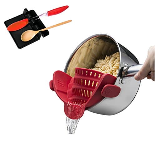 Clip-on Strainer for Spaghetti,Pasta,Ground Beef Grease,Colander, Silicone Sieve Snaps on Bowls, Pan Strainer for Kitchen Food Filter, by Lexvss【Black Utensil Rest + Red Strainer】